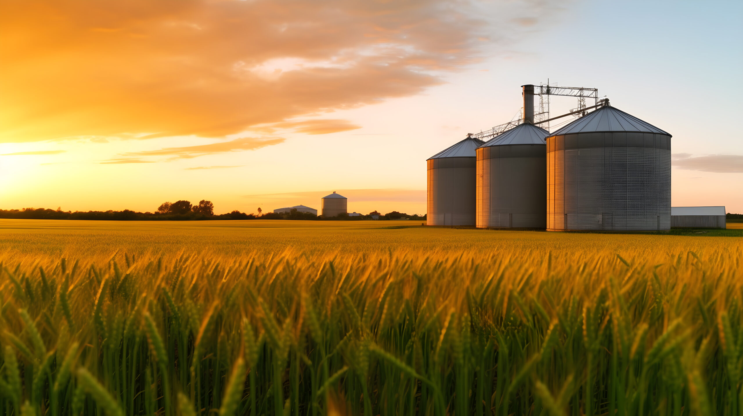 grain silos in the field in the green field with evening sunset grain silos in the field in the green field with evening sunset